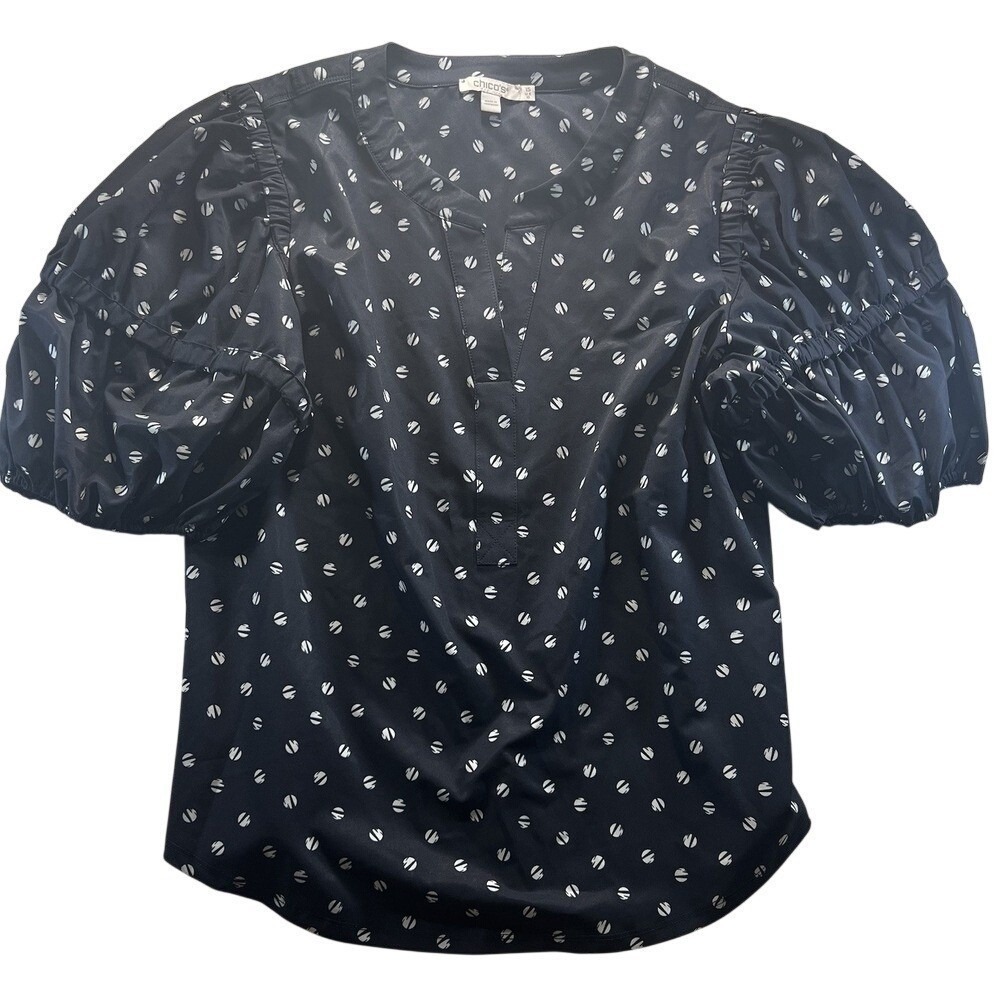 Chico's Navy Blue Blouse Puff Sleeves 1.5 US Size 10 Excellent Condition